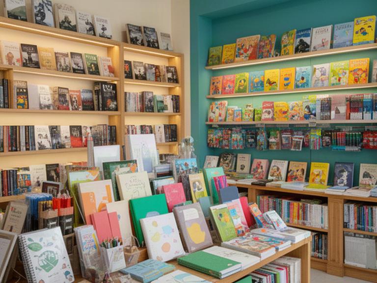Estanterías de novedades y libros infantiles junto a una zona ordenada de material escolar en una librería de Castilleja de la Cuesta