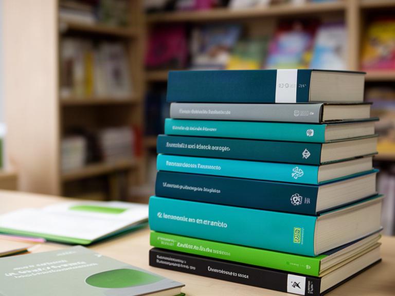Libros de texto apilados por cursos sobre una mesa de estudio en una librería de Castilleja de la Cuesta