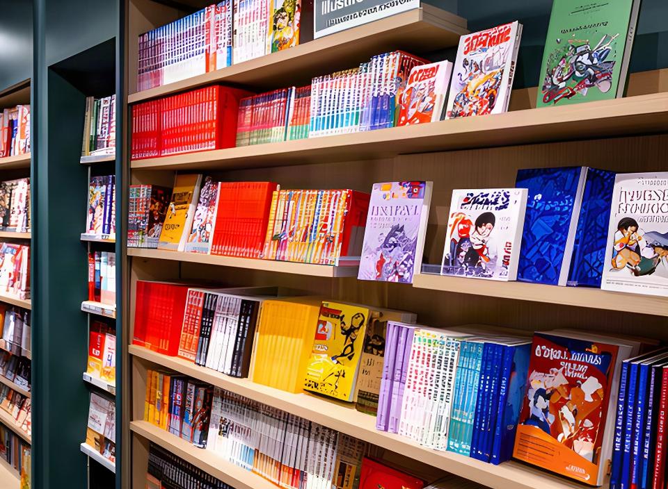 Estantería de librería con tomos de manga, cómic europeo y novelas gráficas organizados por colección