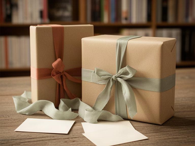 Mesa de librería en Castilleja con libros envueltos en papel, una cinta de tela y tarjetas para regalos literarios