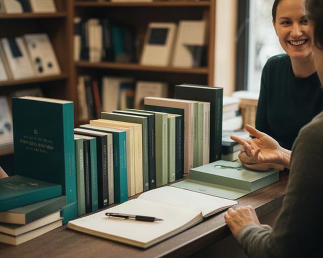 Mostrador de una librería de barrio con libros, una libreta de pedidos y una persona atendiendo una consulta
